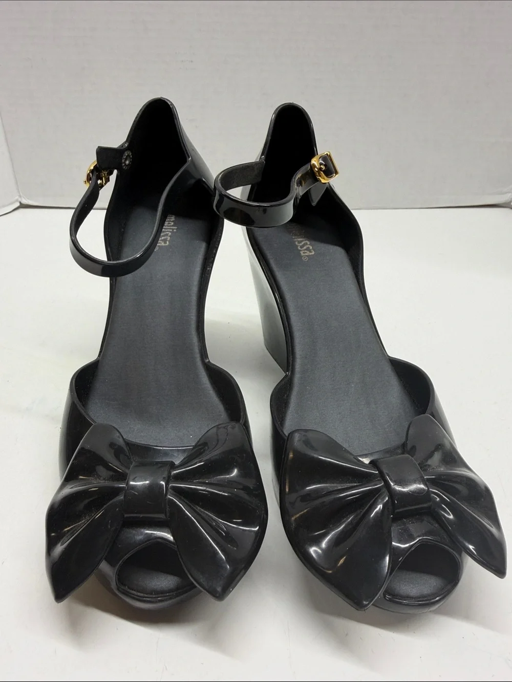 Melissa Lady Love III Heels Wedges Shoes Bow Peep Toe PVC Shiny Black Size 6